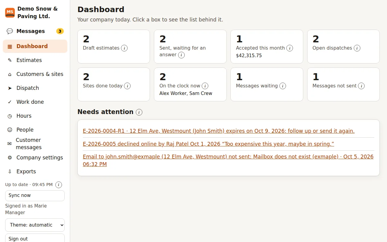 The MS Rollout web portal dashboard with counts of estimates, dispatches, sites done and people on the clock.