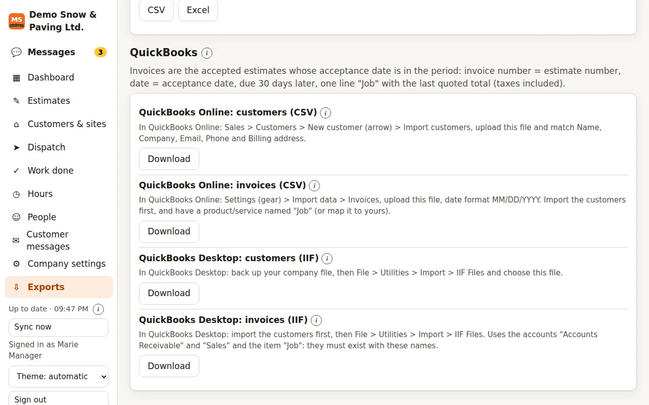 The Exports page of the MS Rollout web portal with QuickBooks Online and QuickBooks Desktop downloads.