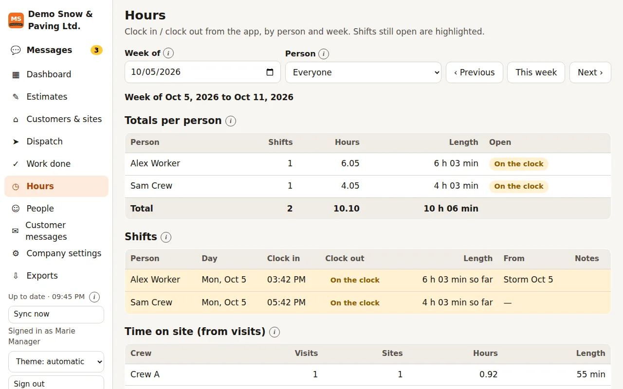 The Hours page of the MS Rollout web portal: totals per person for the week, open shifts marked On the clock, and the list of shifts with clock-in times.